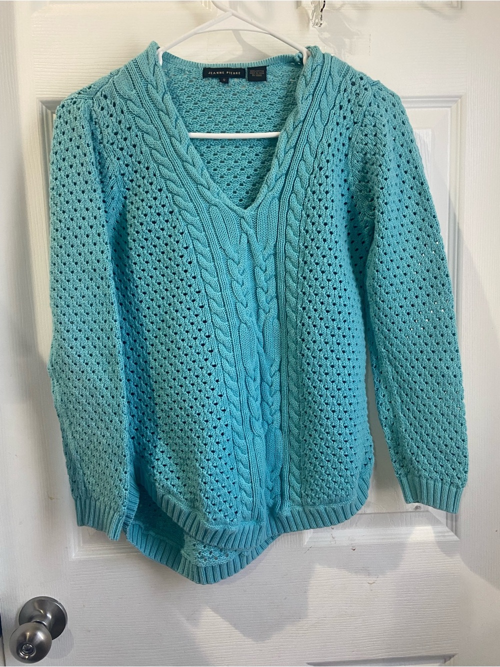 JEANNE PIERRE Aqua Cable V-Neck Openwork Sweater